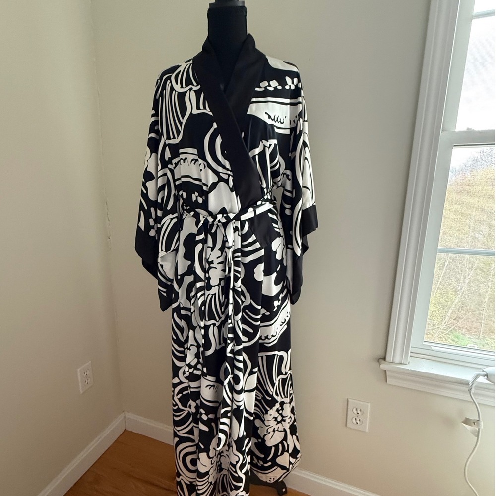 Natori Black/White Abstract Kimono Robe Long Belted Caftan Lounge Wear Size M